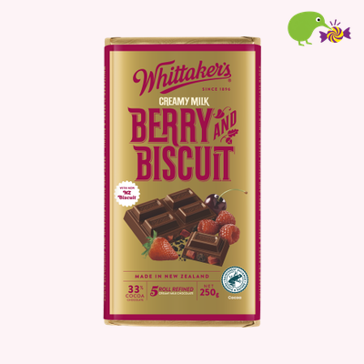 Whittaker's Berry And Biscuit 33% Cocoa Milk Chocolate Block – Kiwi Kandy NZ