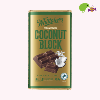 Whittaker's Coconut Block 33% Cocoa Milk Chocolate Block – Kiwi Kandy NZ