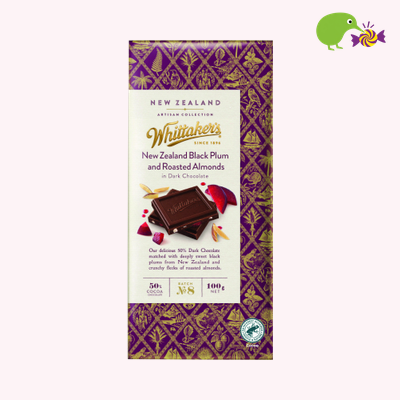 Whittaker's New Zealand Black Plum and Roasted Almonds 50% Dark Chocolate Block – Kiwi Kandy NZ